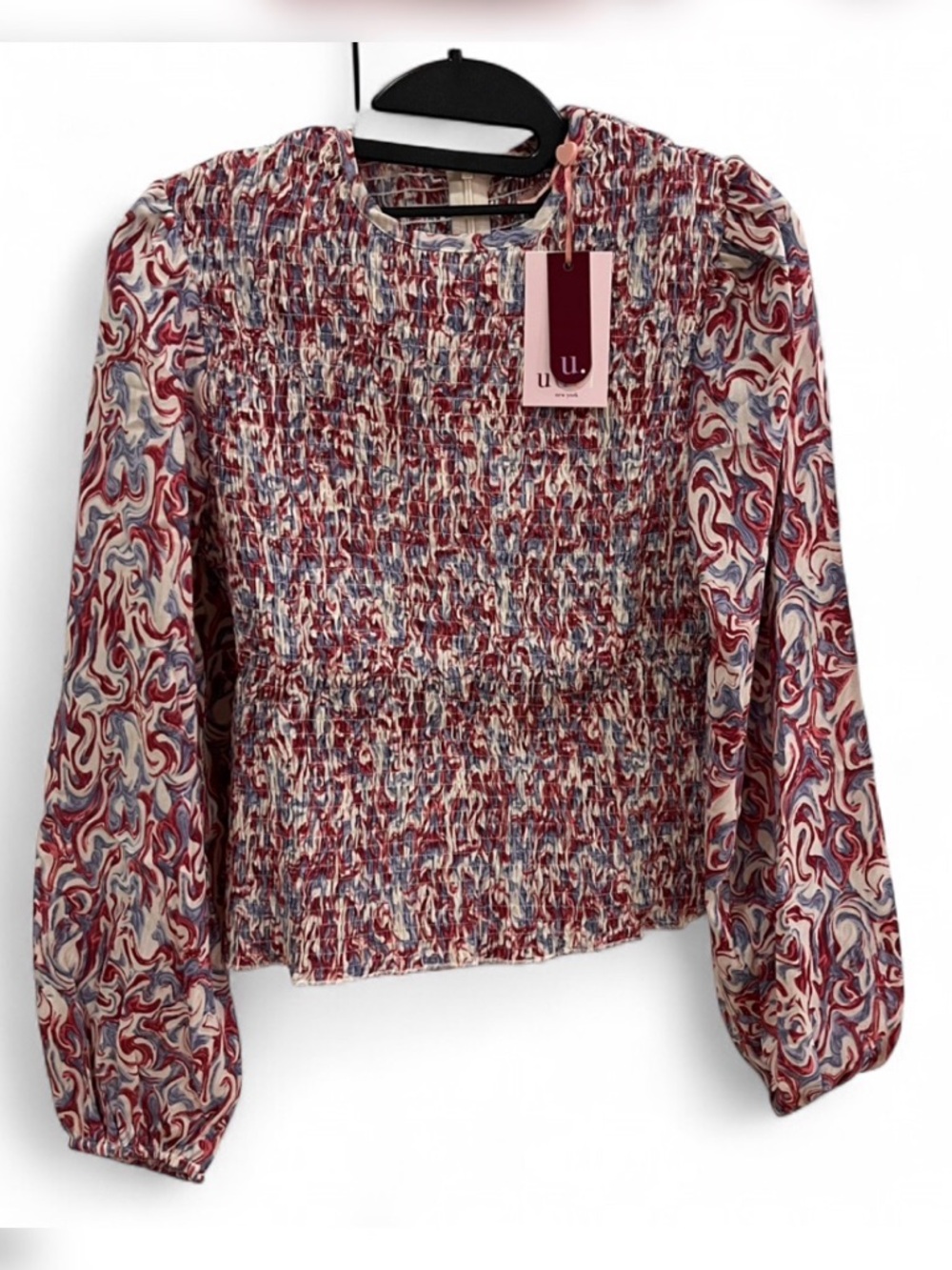 UDELNY - Smocked Long-Sleeve Blouse in Red Multi Swirl